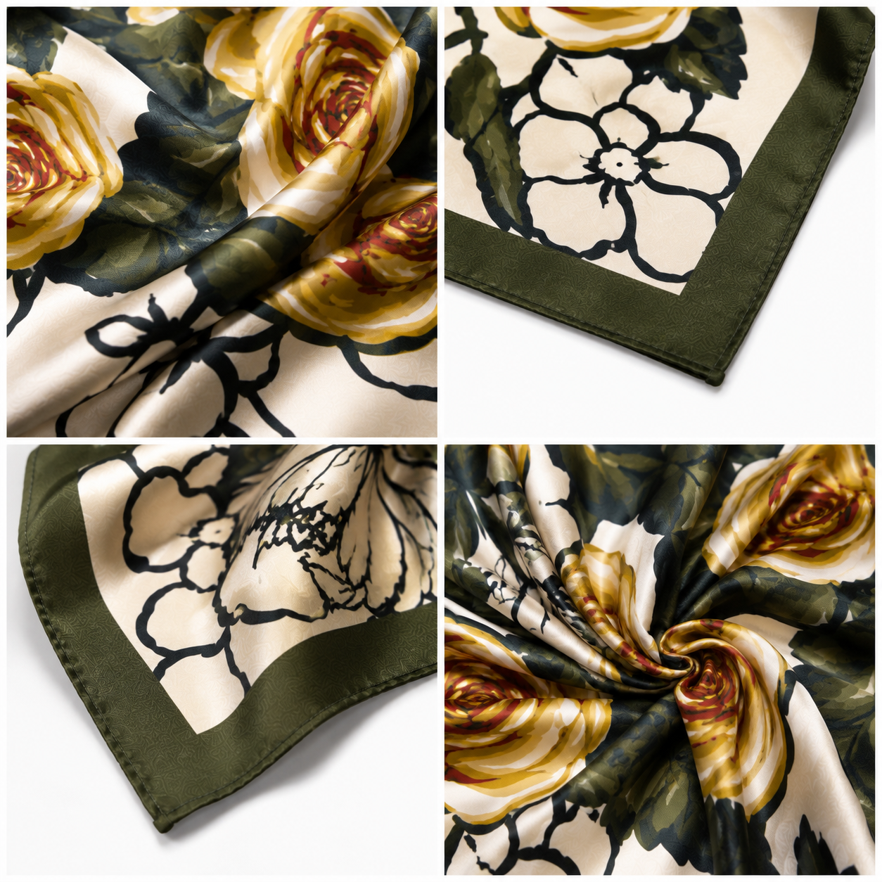Foulard Carré Satin Roses Dorées Détail Matière - ModeAccess