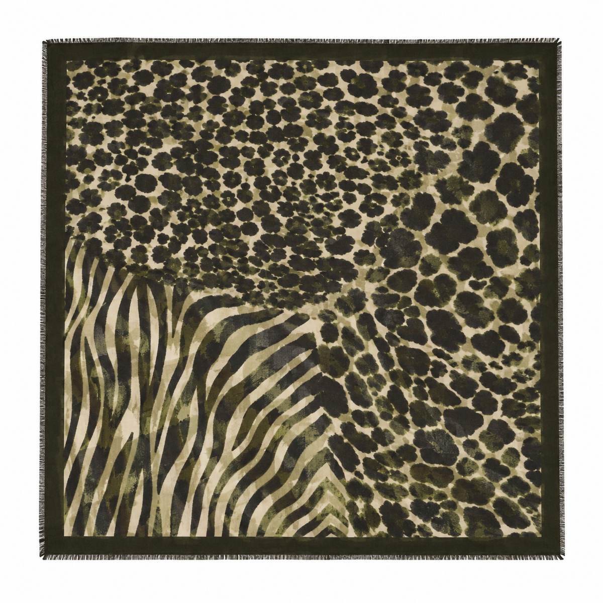 Foulard Carré Imprimé Safari Floral Frangé Noir Écru - ModeAccess