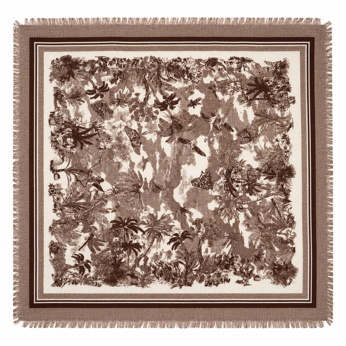 Foulard Carré Imprimé Jungle Tropical Frangé Taupe Écru - ModeAccess