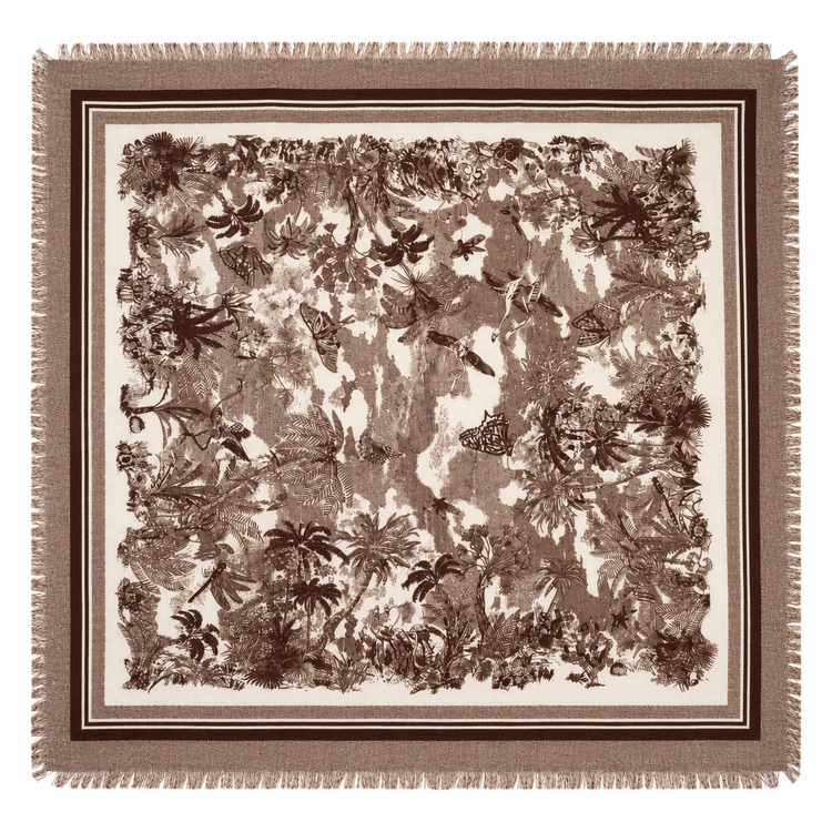 Foulard Carré Imprimé Jungle Tropical Frangé Taupe Écru - ModeAccess