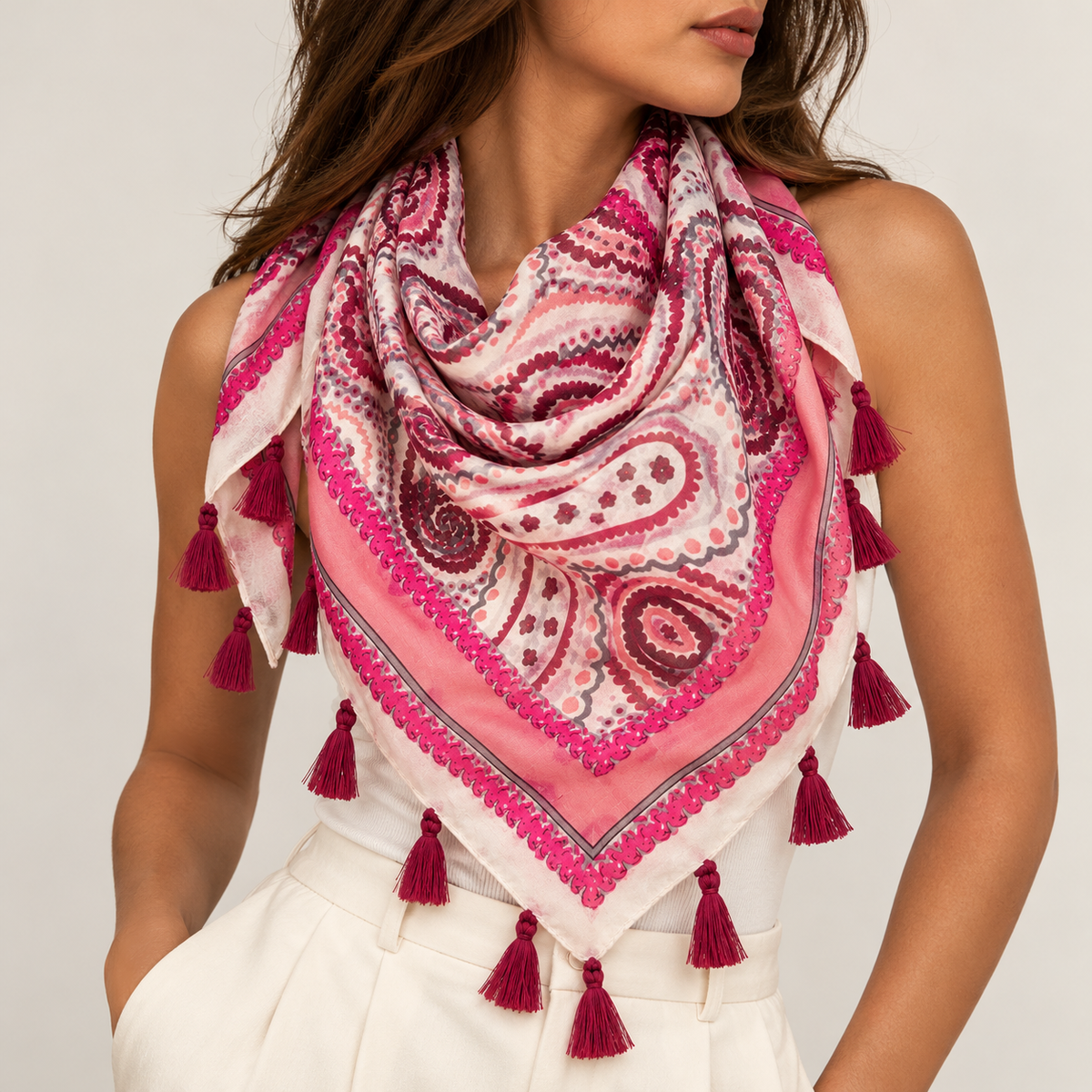 Foulard Paisley Pompons Soie Rose Bordeaux - ModeAccess