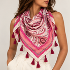 Foulard Paisley Pompons Soie Rose Bordeaux - ModeAccess
