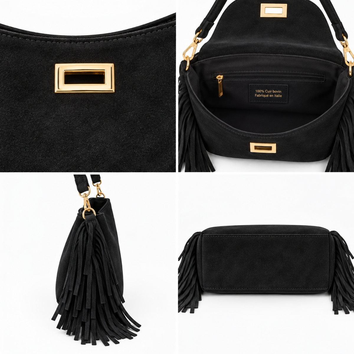 Sac Hobo Cuir Franges Noir détail - ModeAccess