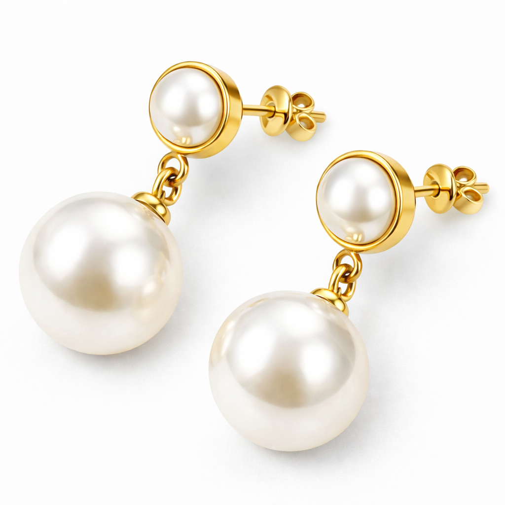 Boucles d'Oreilles Pendantes Double Perle Nacrée