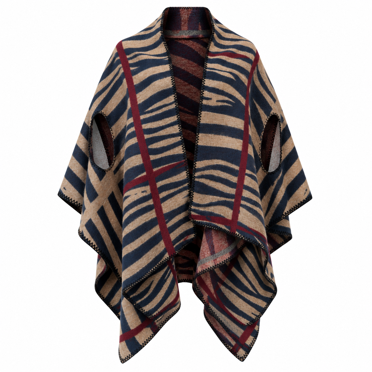 Poncho Réversible Rayures Zébrées Face Camel Marine - ModeAccess
