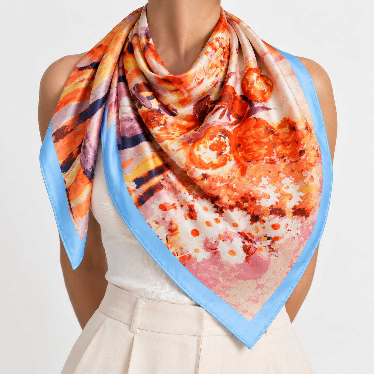 Foulard Carré Floral Orange Bleu - ModeAccess