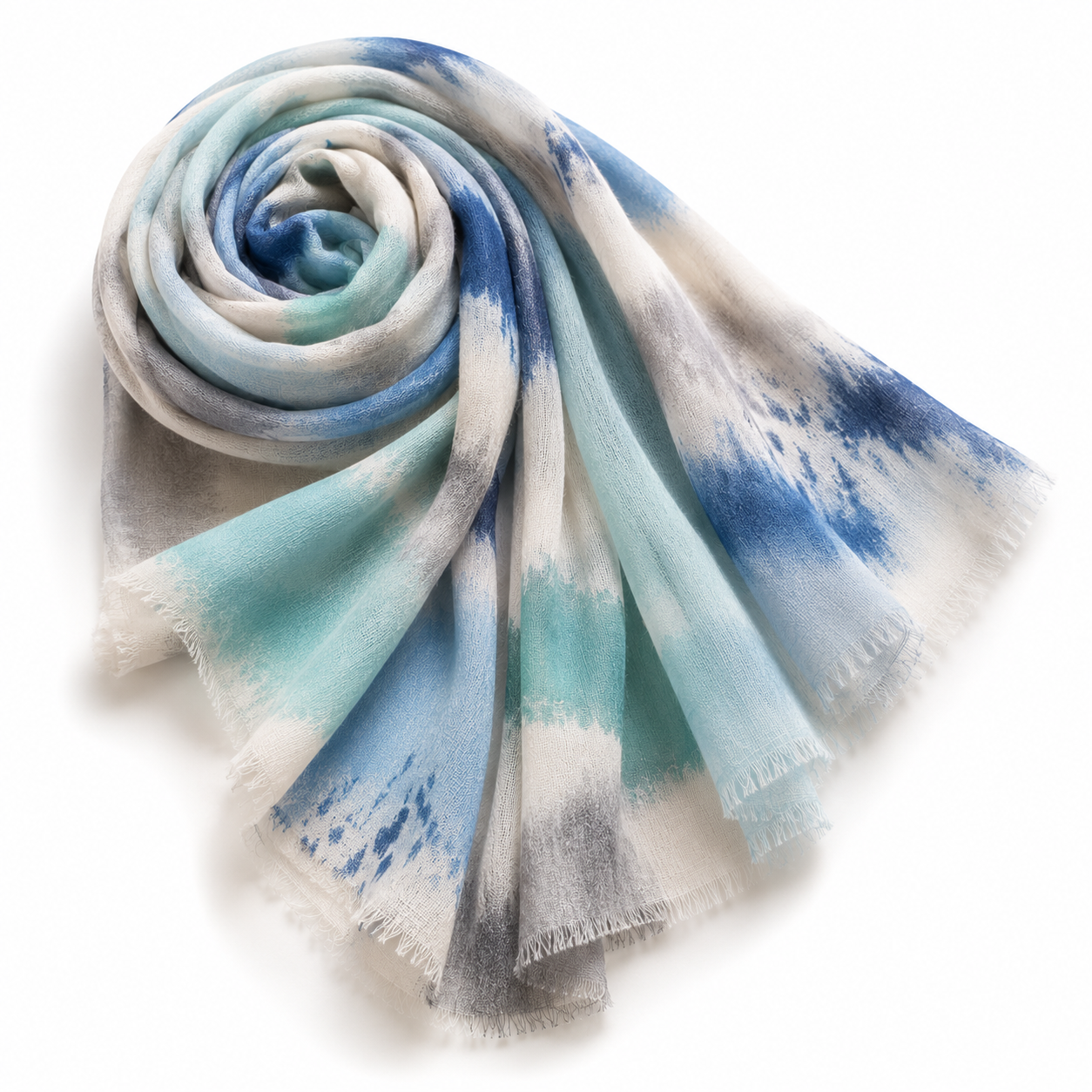 Foulard Tie-Dye Bleu Turquoise Aquarelle Franges - ModeAccess