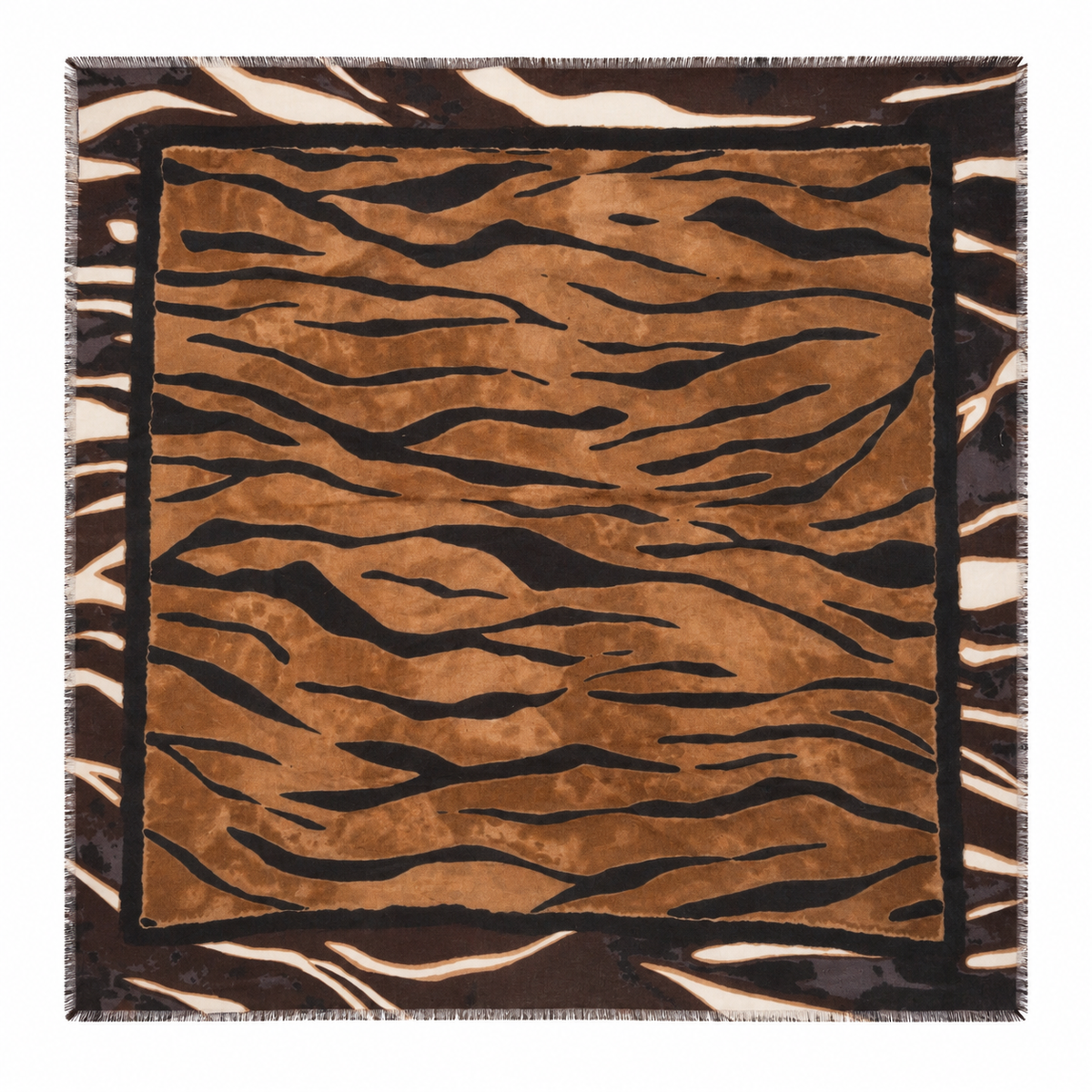 Foulard Carré Imprimé Zèbre Tigré Frangé Camel Noir Détail - ModeAccess