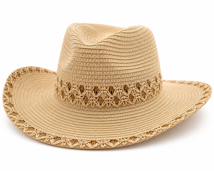 Chapeau Fedora Tressé Beige Bande Macramé